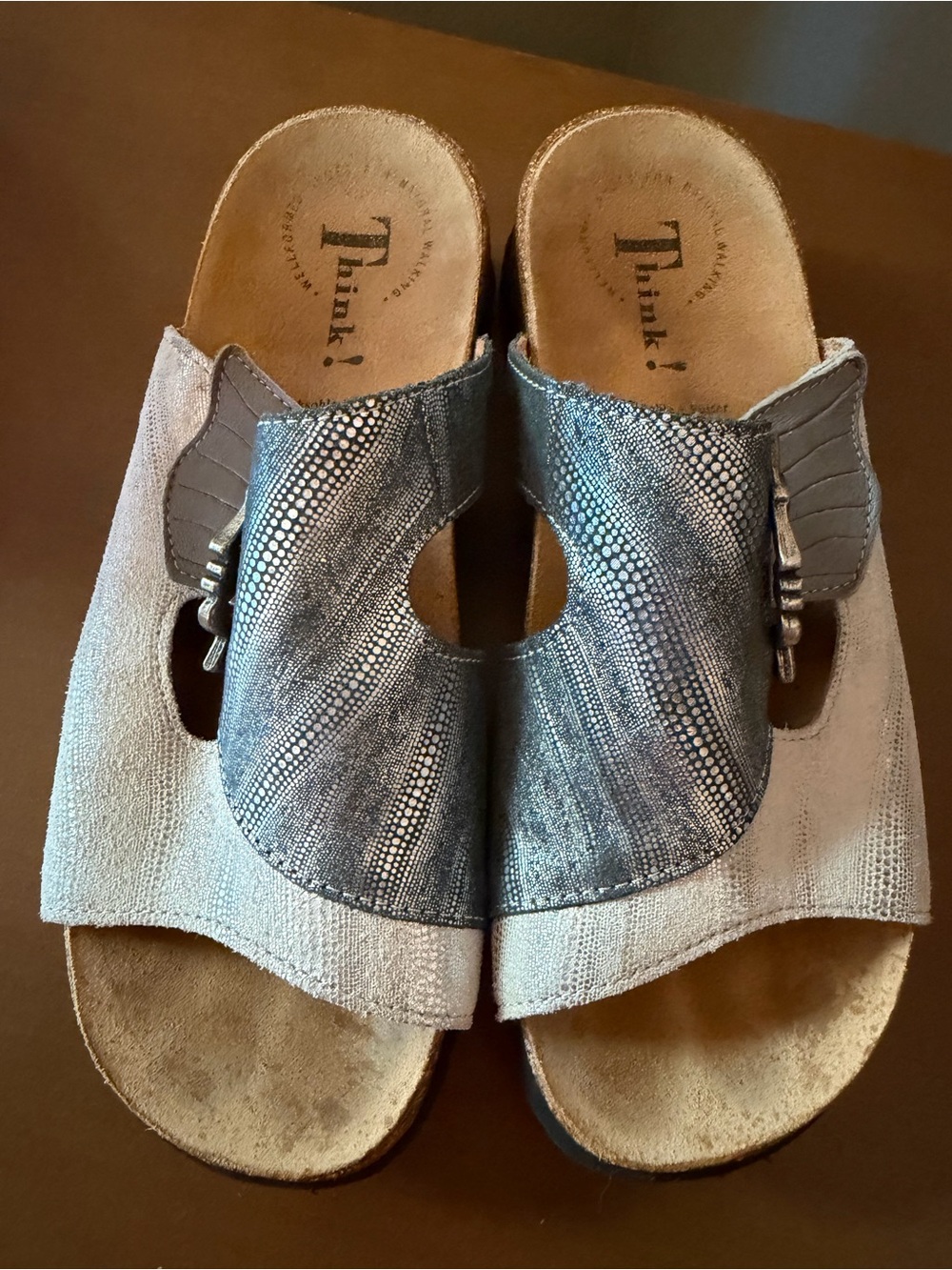 Think! Mizzi Face Women's Grey Suede & Metallic Slip-On Sandals